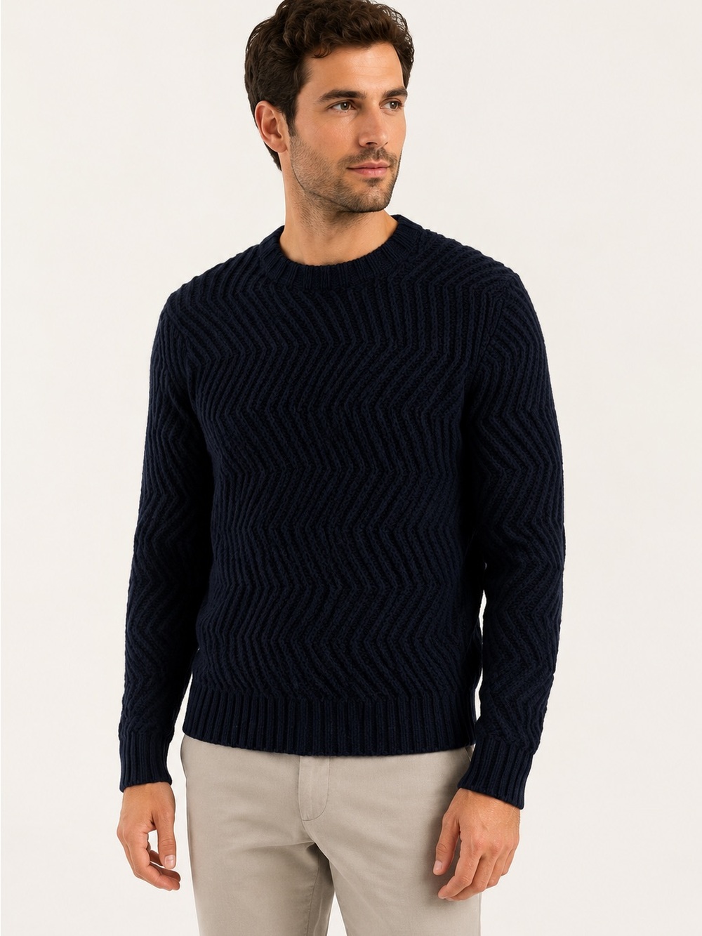 Taylor Stitch Men’s Navy Chevron Wool Blend Crewneck Sweater Size 40